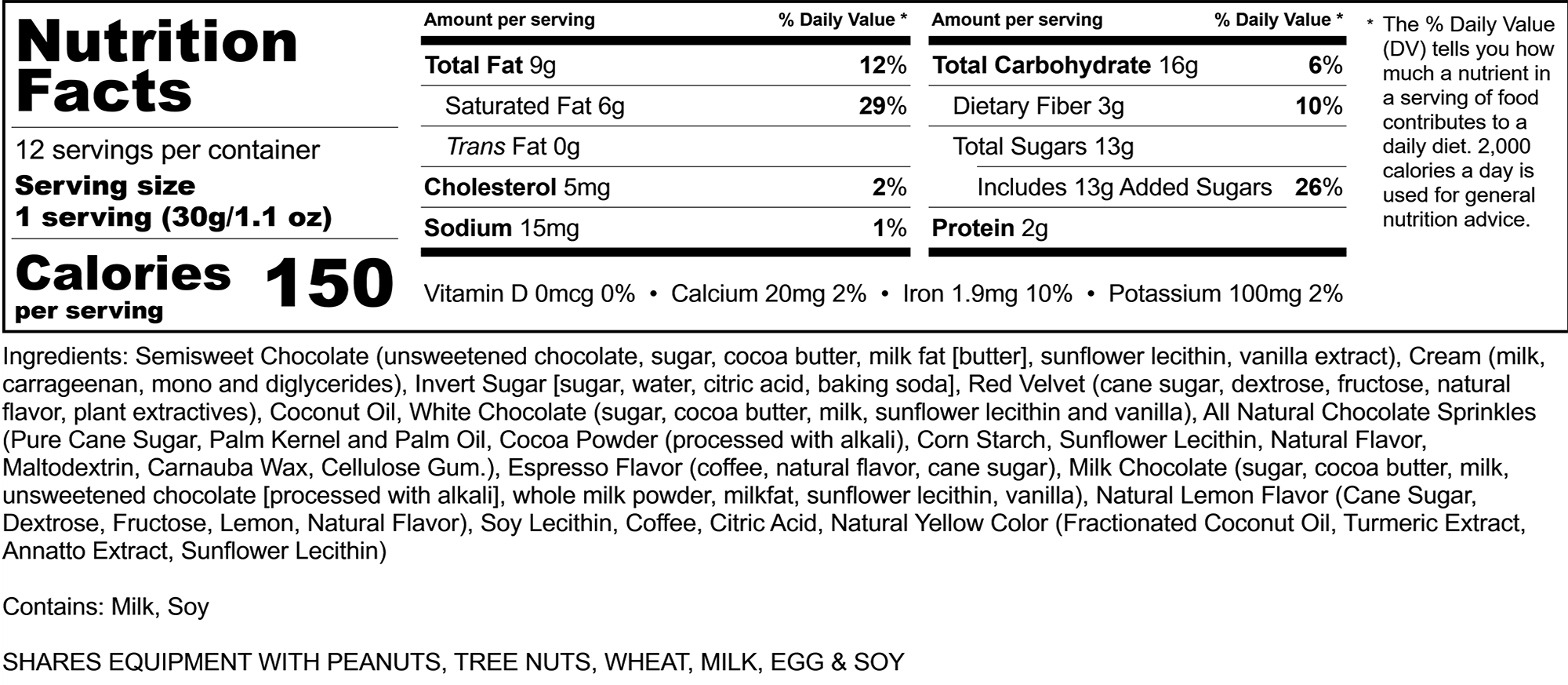 Pure Noir Nutrition Label, Rocky Mountain Chocolate Factory