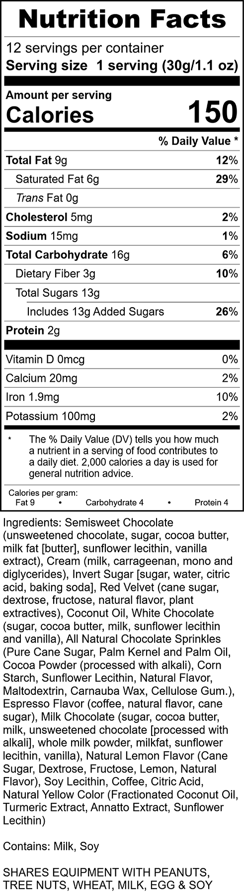 Pure Noir Nutrition Label, Rocky Mountain Chocolate Factory