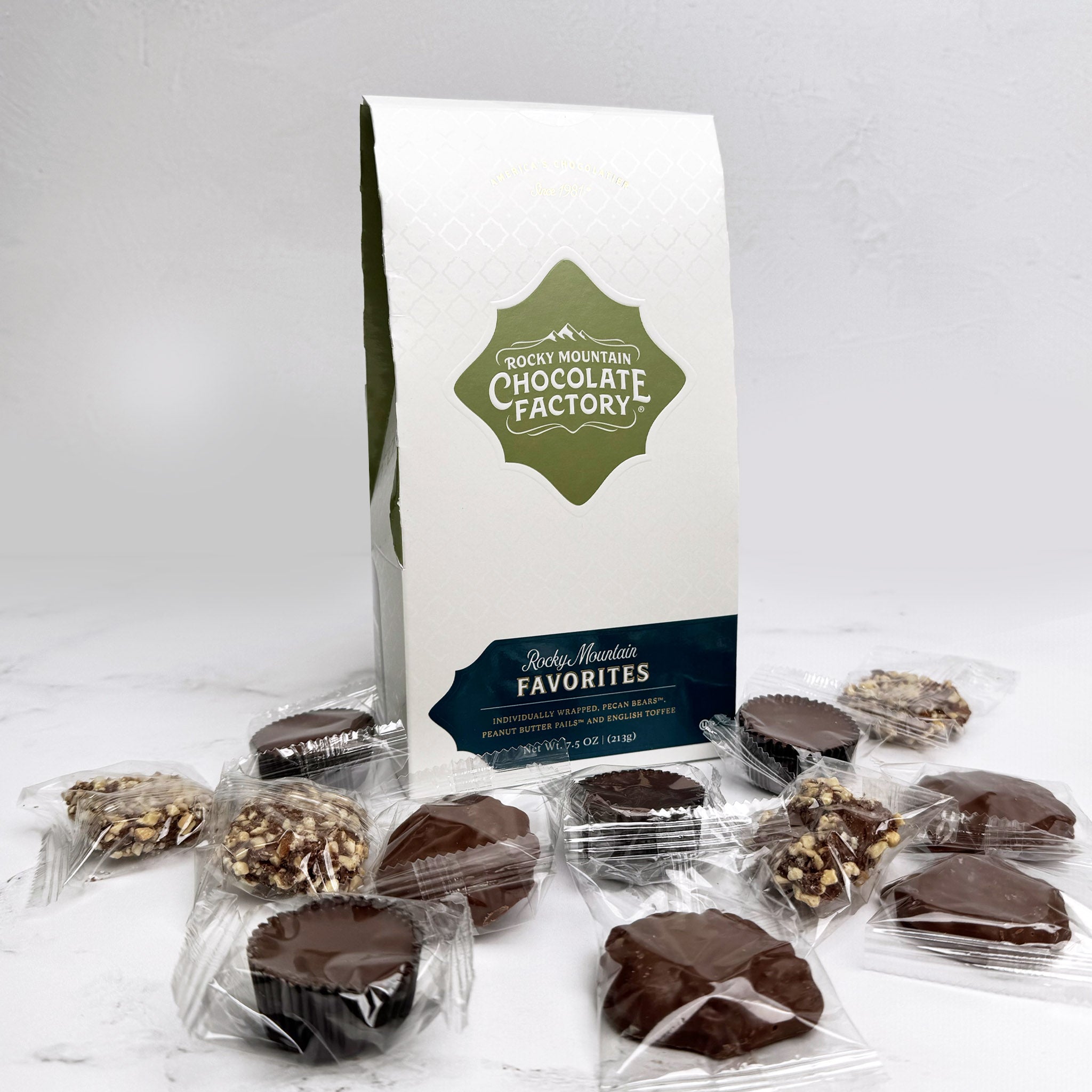 Individually wrapped Pecan Bears™, Peanut Butter Pails™, and English Toffee nuggets, by Rocky Mountain Chocolate Factory