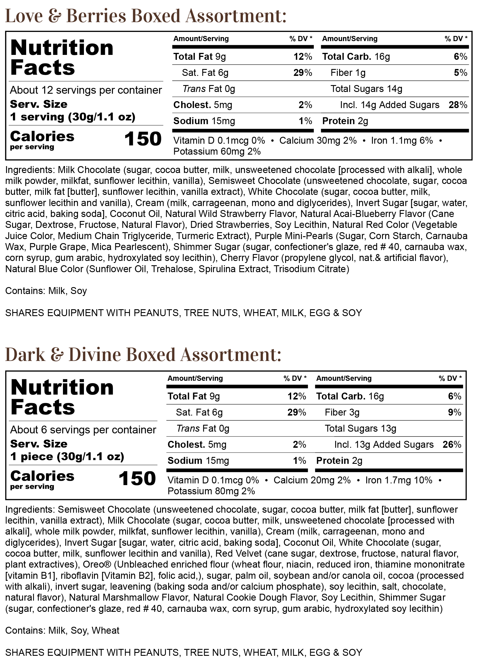 Nutritional label for Love & Berries and Dark & Divine boxed assortments by Rocky Mountain Chocolate Factory
