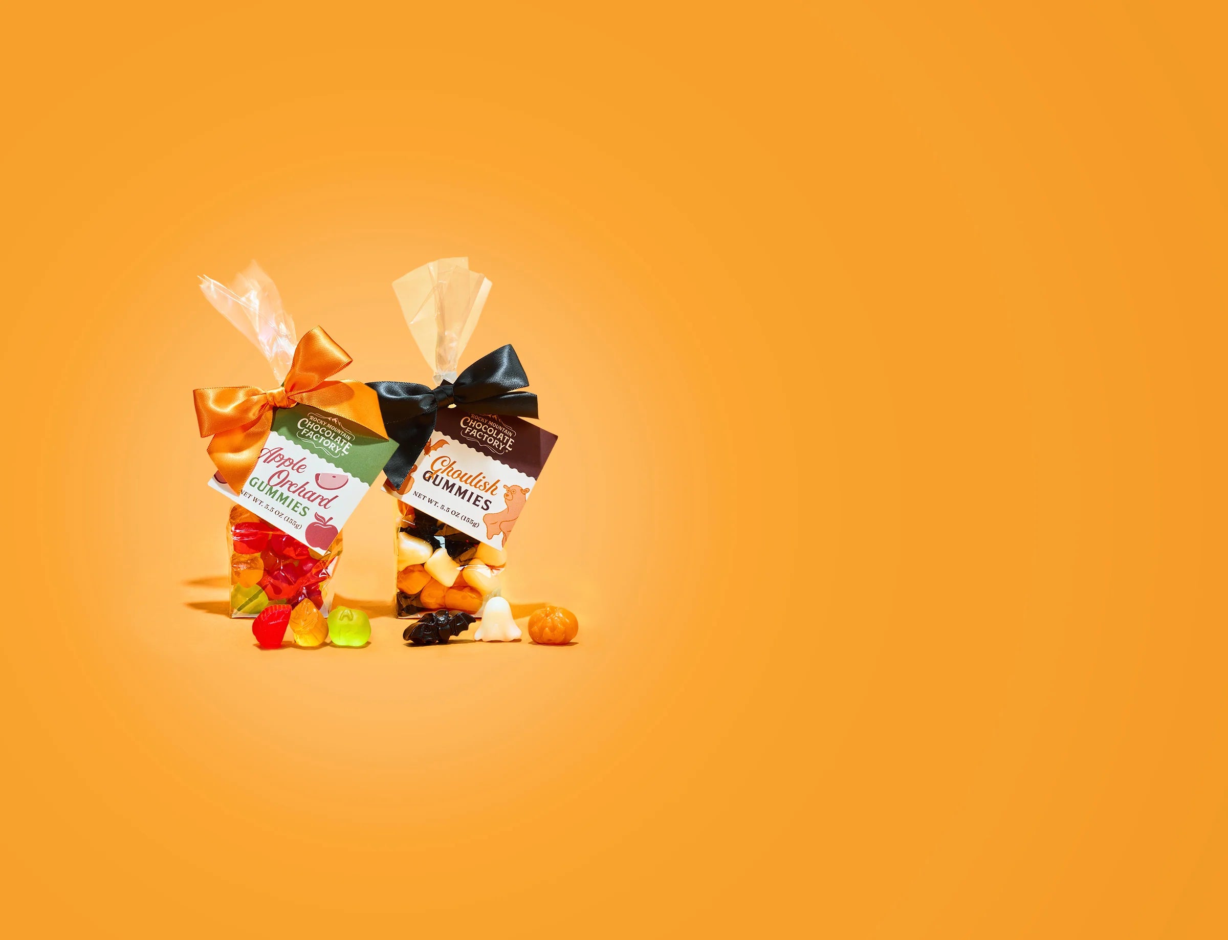 Apple Orchard and Ghoulish gummies in festive cello bags